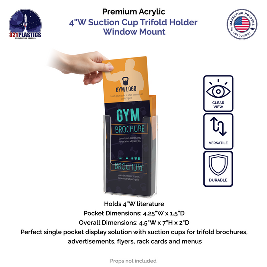 Suction Cup 4"W Trifold Brochure Holder Window Mount