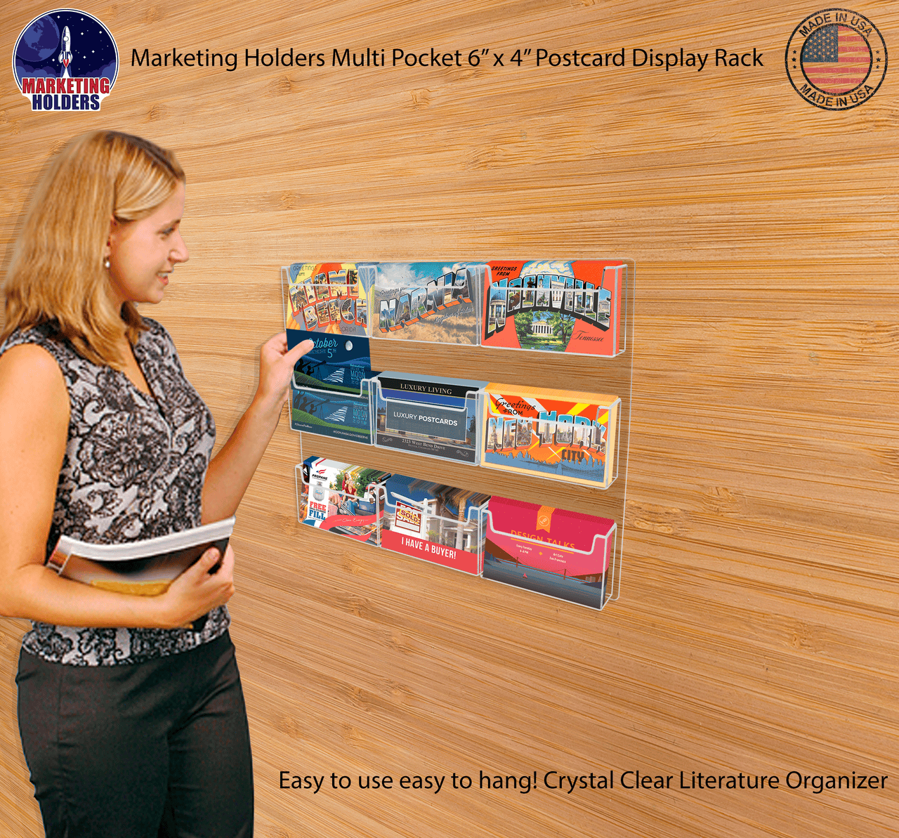 Wall 9 Pocket Postcard Holder for 6"W Advertising Literature