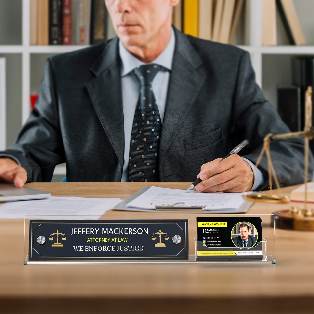 8"W x 2"H Modern Desk Nameplate Slanted Sign with Card Pocket