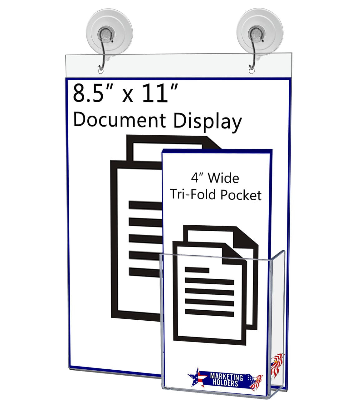 8.5"W x 11"H Window Sign Holder with Brochure Pocket Suction Cup with Hooks