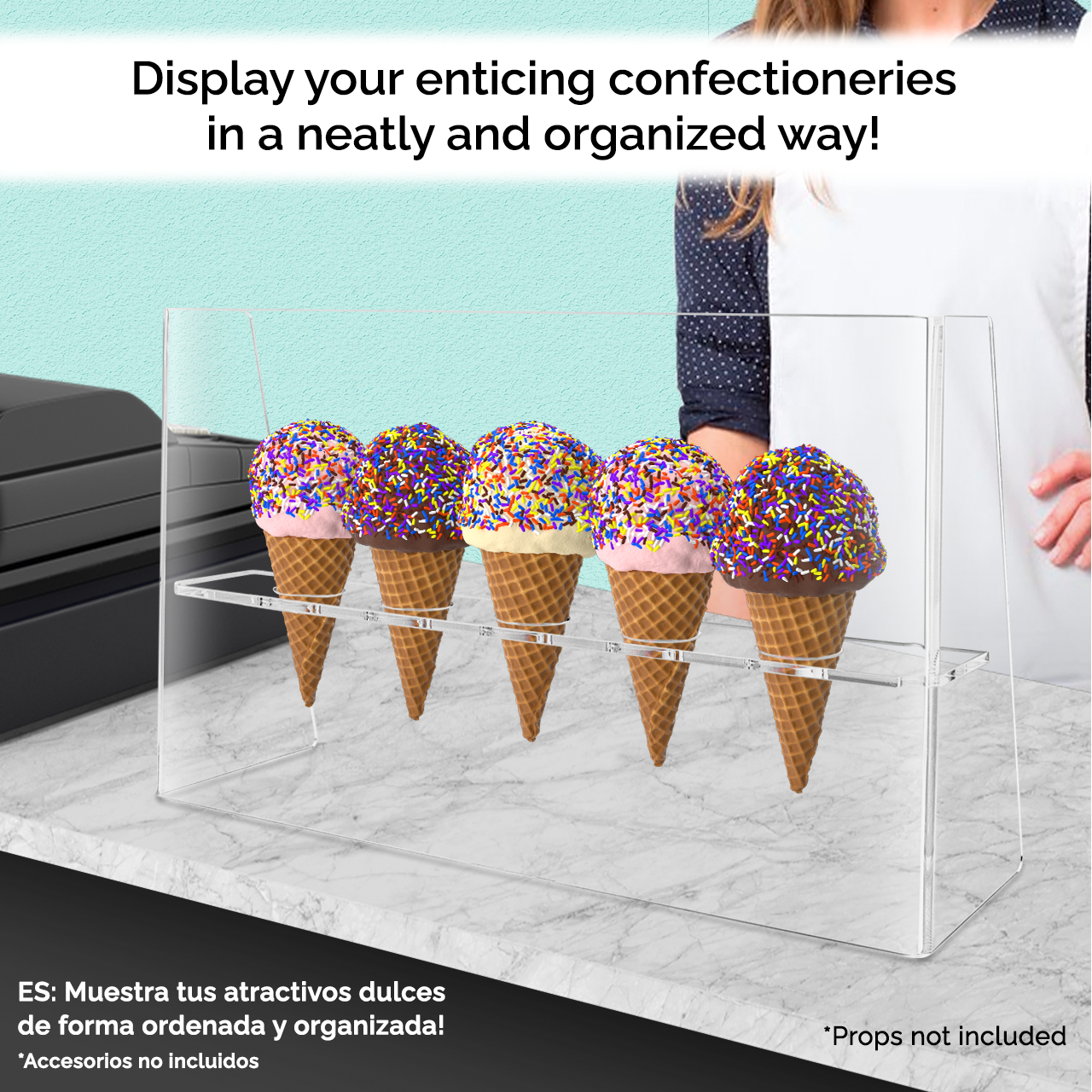 Ice Cream Cone Holder 5 Slot Dessert Display with Sneeze Guard