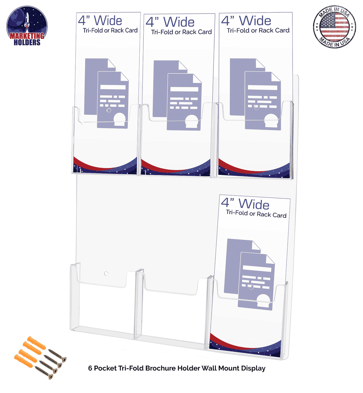 Wall 6 Pocket Brochure Holder for 4"W Trifold Literature
