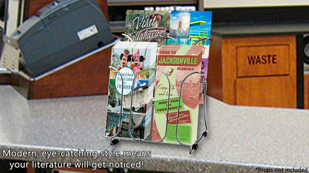 4.25"W Chrome Wire Trifold Brochure 4 Pocket Tiered Display Stand