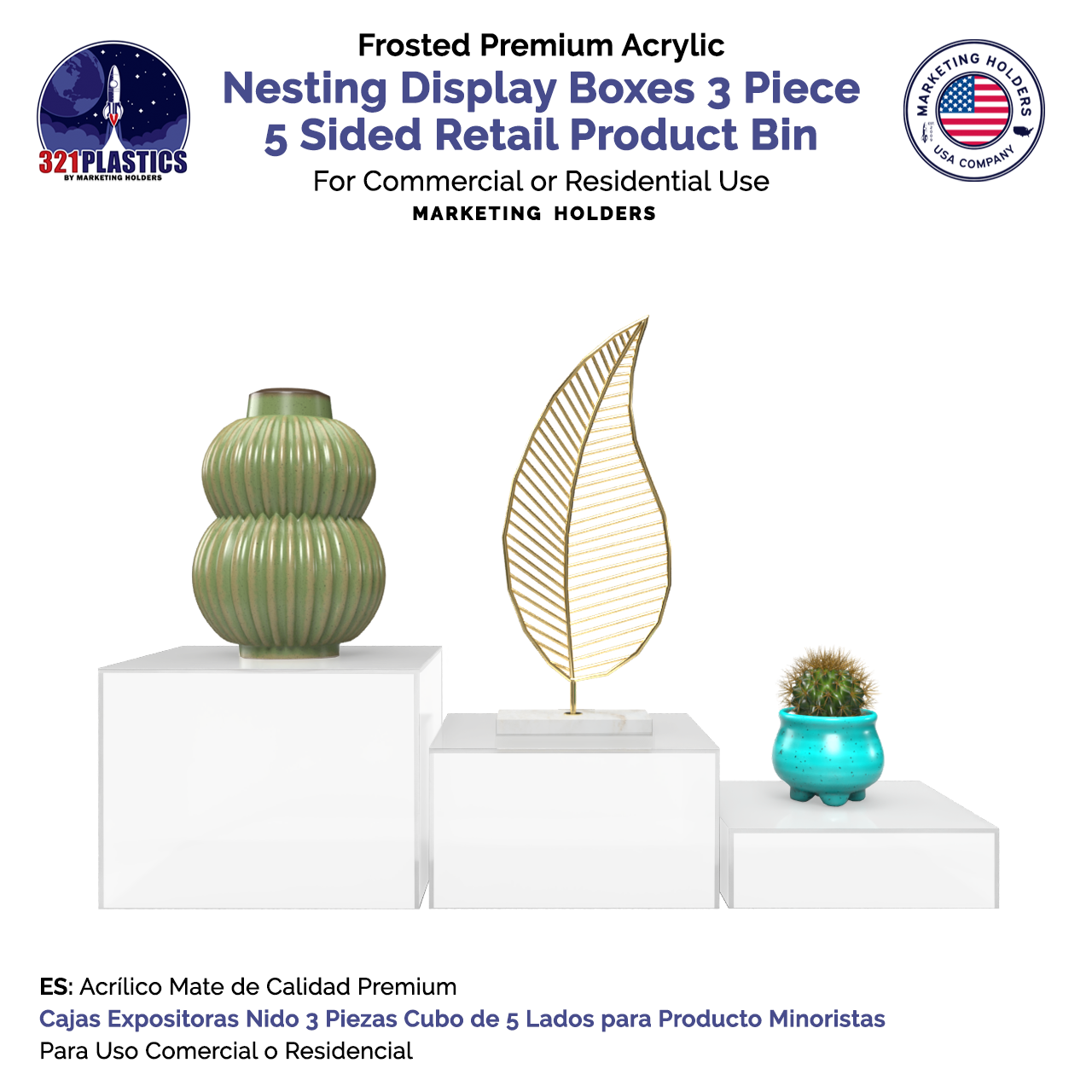 Nesting Display Boxes 3 Piece Retail Product Bin 5 Sided Cube