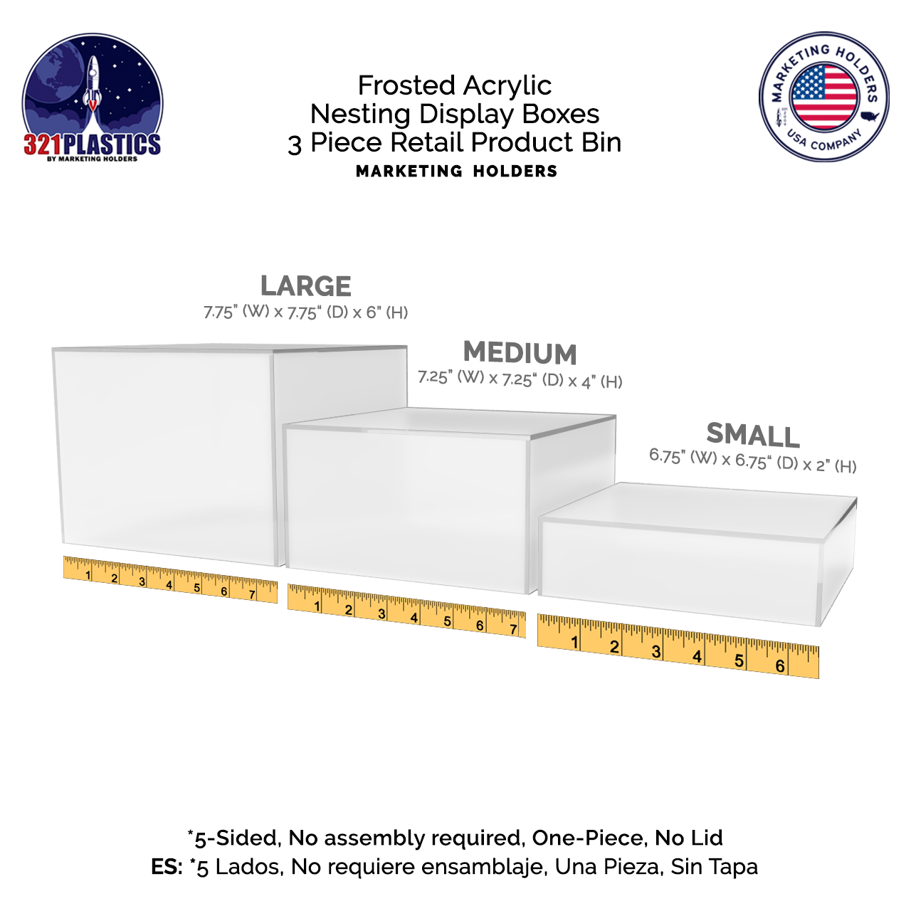 Nesting Display Boxes 3 Piece Retail Product Bin 5 Sided Cube