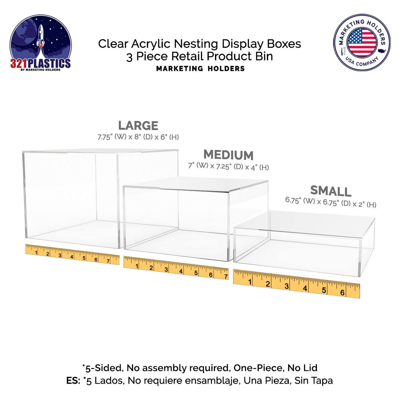 Nesting Display Boxes 3 Piece Retail Product Bin 5 Sided Cube