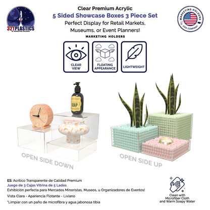 Nesting Display Boxes 3 Piece Retail Product Bin 5 Sided Cube