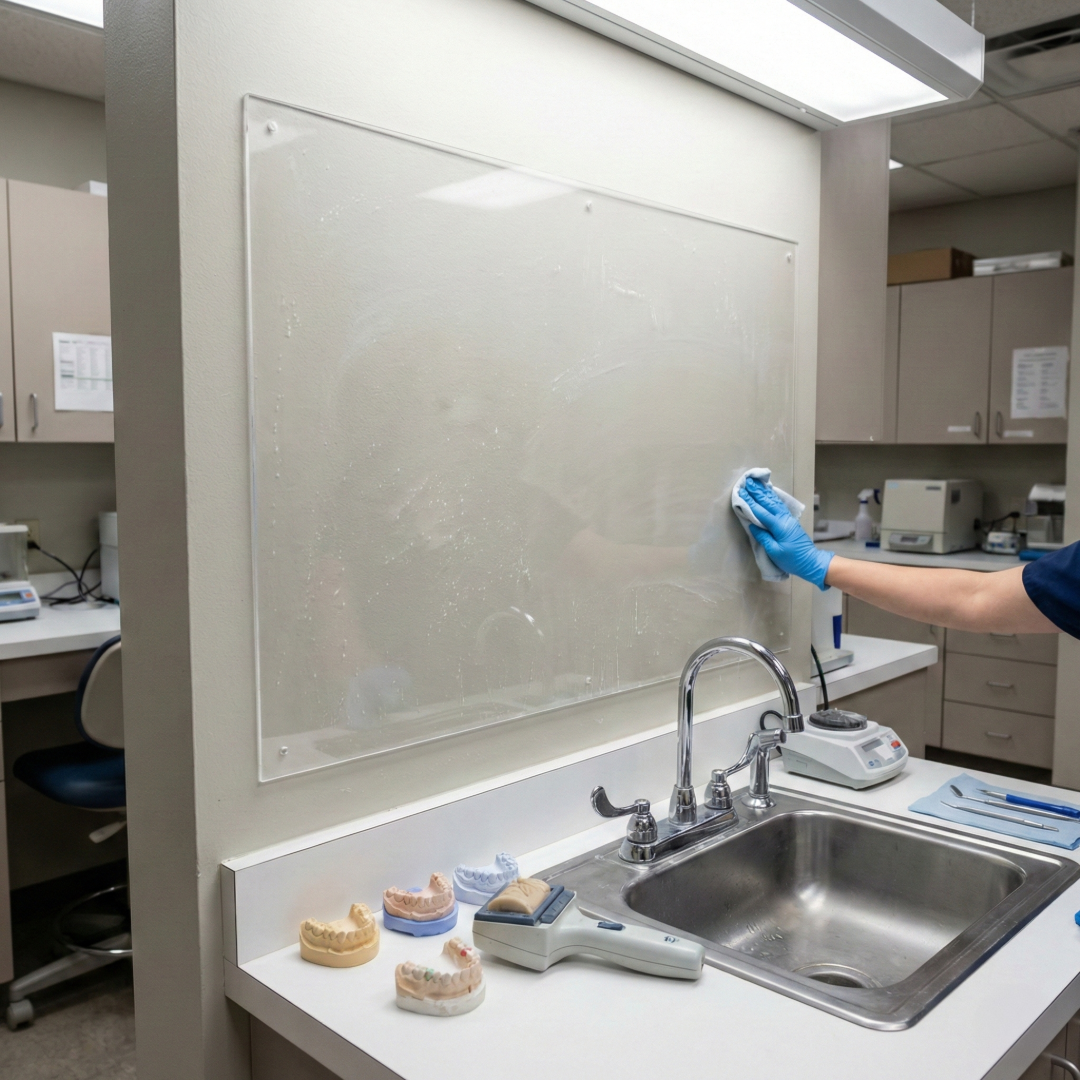 Clear acrylic splash guard installed near a sink