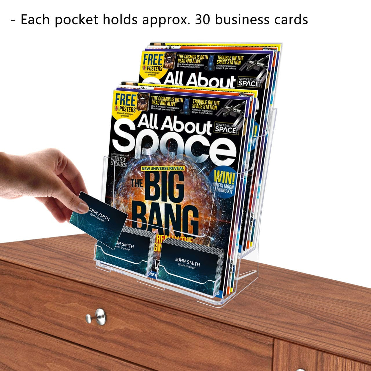Brochure Holder for Trifolds and Magazines with Card Pocket