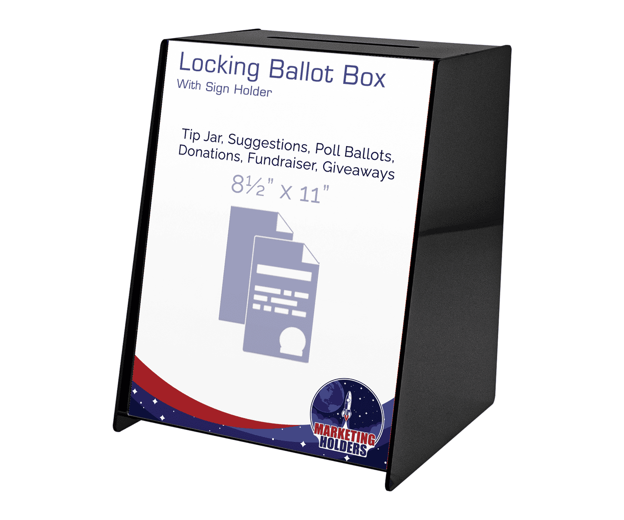 8.75"W Locking Ballot Box Black Donation Slot Slanted Sign Holder