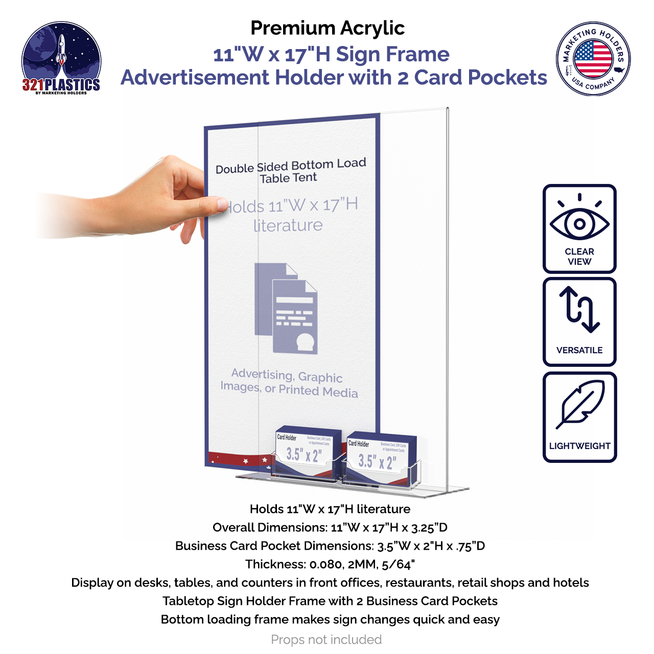11"W x 17"H Sign Frame Advertisement Holder with 2 Card Pockets