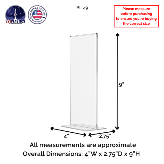 Sign Holder 4"W x 9"H Double Sided Bottom Load Table Tent