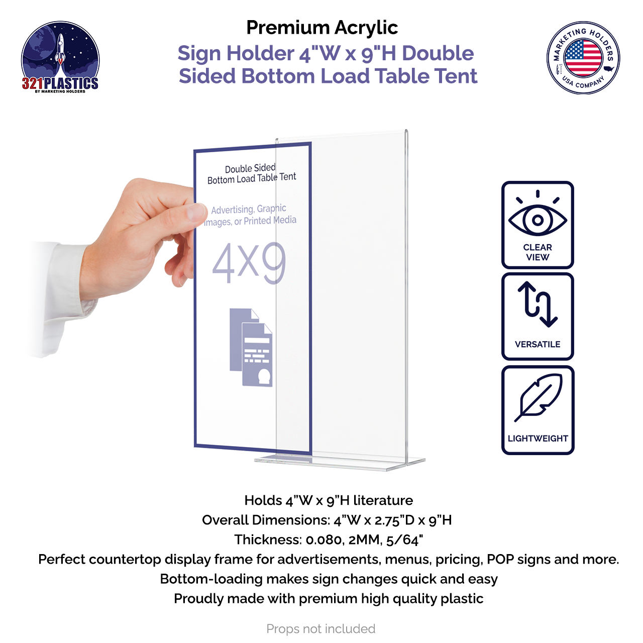 Sign Holder 4"W x 9"H Double Sided Bottom Load Table Tent