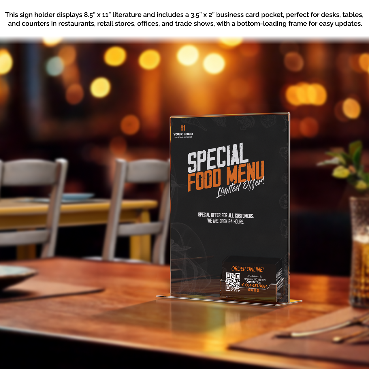 8.5"W x 11"H Table Ad Frame Sign Holder with Business Card Pocket