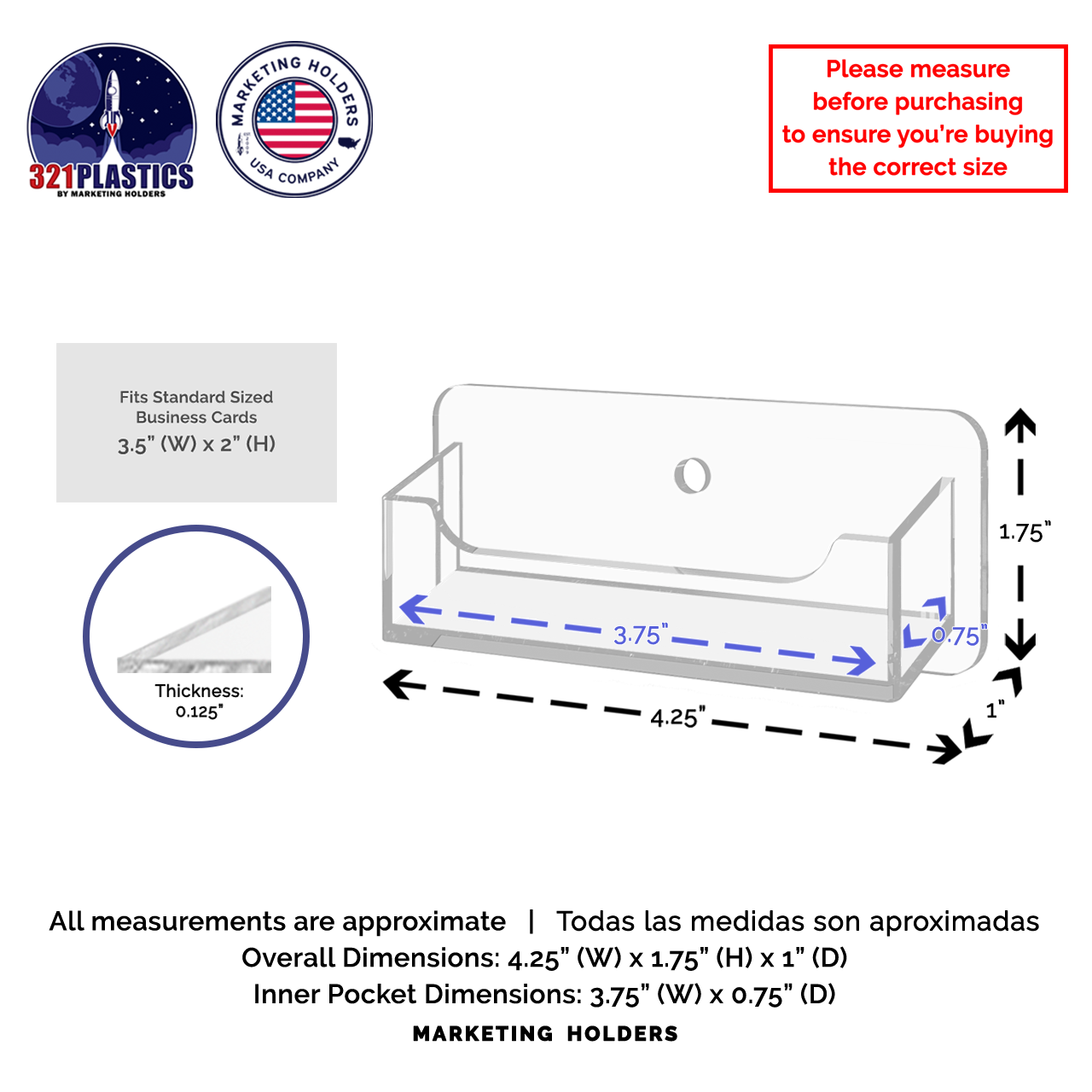 Business Card Holder Clear Horizontal Single Pocket Wall Mount