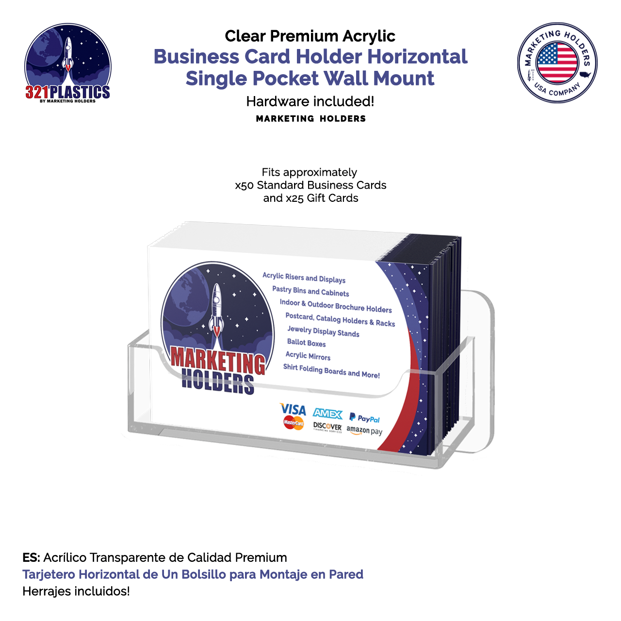 Business Card Holder Clear Horizontal Single Pocket Wall Mount