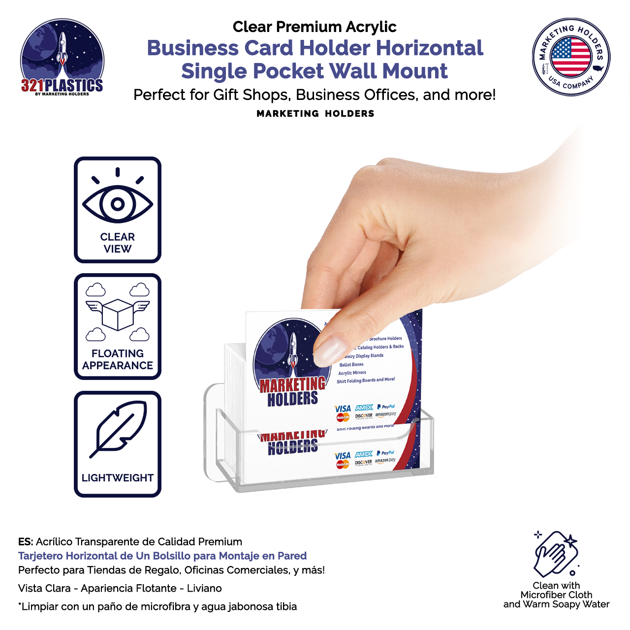 Business Card Holder Clear Horizontal Single Pocket Wall Mount