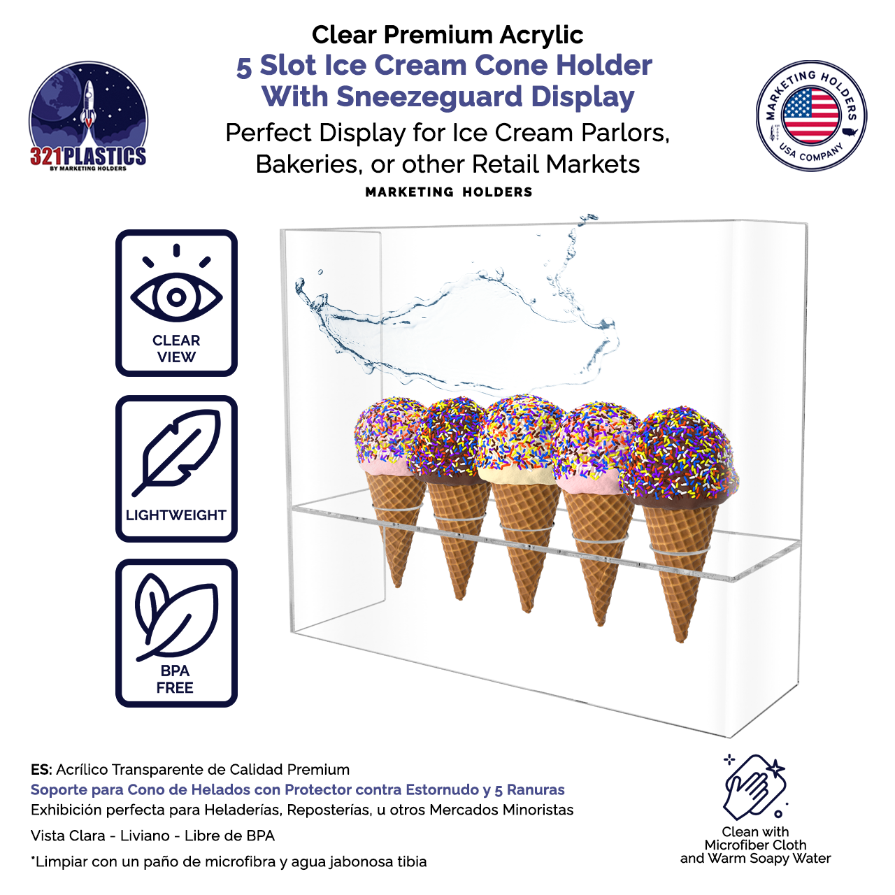 Ice Cream Cone Display Holder 5 Slot With Clear Sanitary Shield