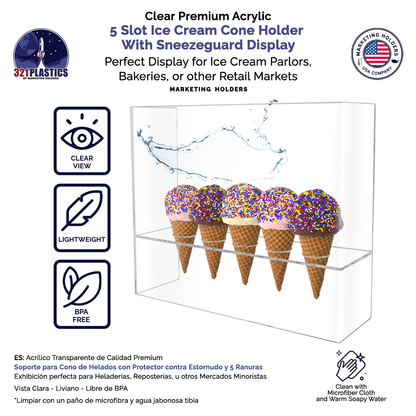 Ice Cream Cone Display Holder 5 Slot With Clear Sanitary Shield