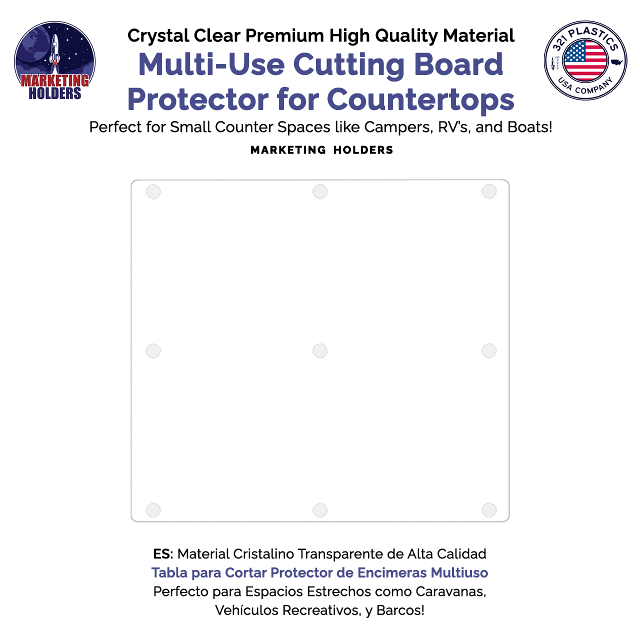 Flat Cutting Board with Rubber Bumpers for Countertops Clear Acrylic