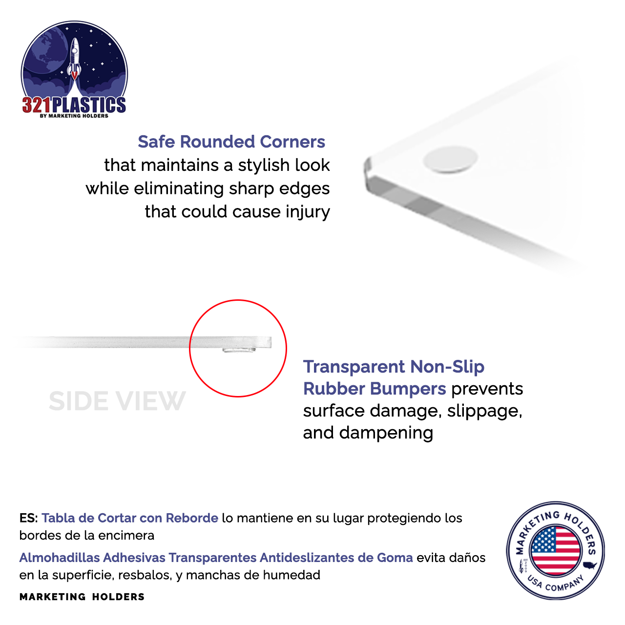 Flat Cutting Board with Rubber Bumpers for Countertops Clear Acrylic