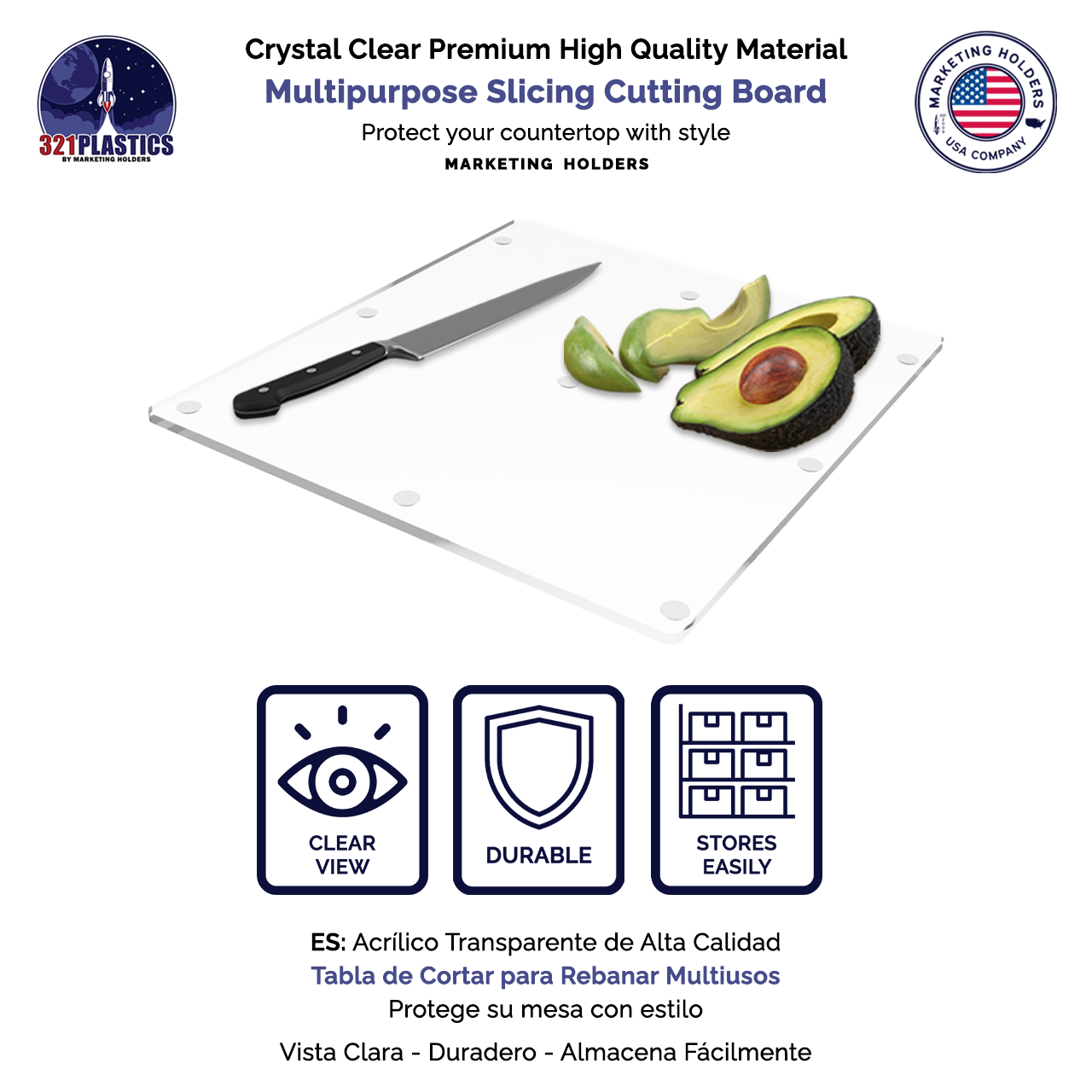 Flat Cutting Board with Rubber Bumpers for Countertops Clear Acrylic