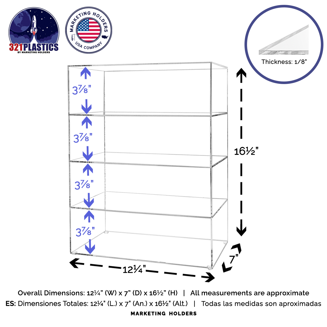 12" x 7" x 16" Retail Product Display Cabinet with 3 Shelves