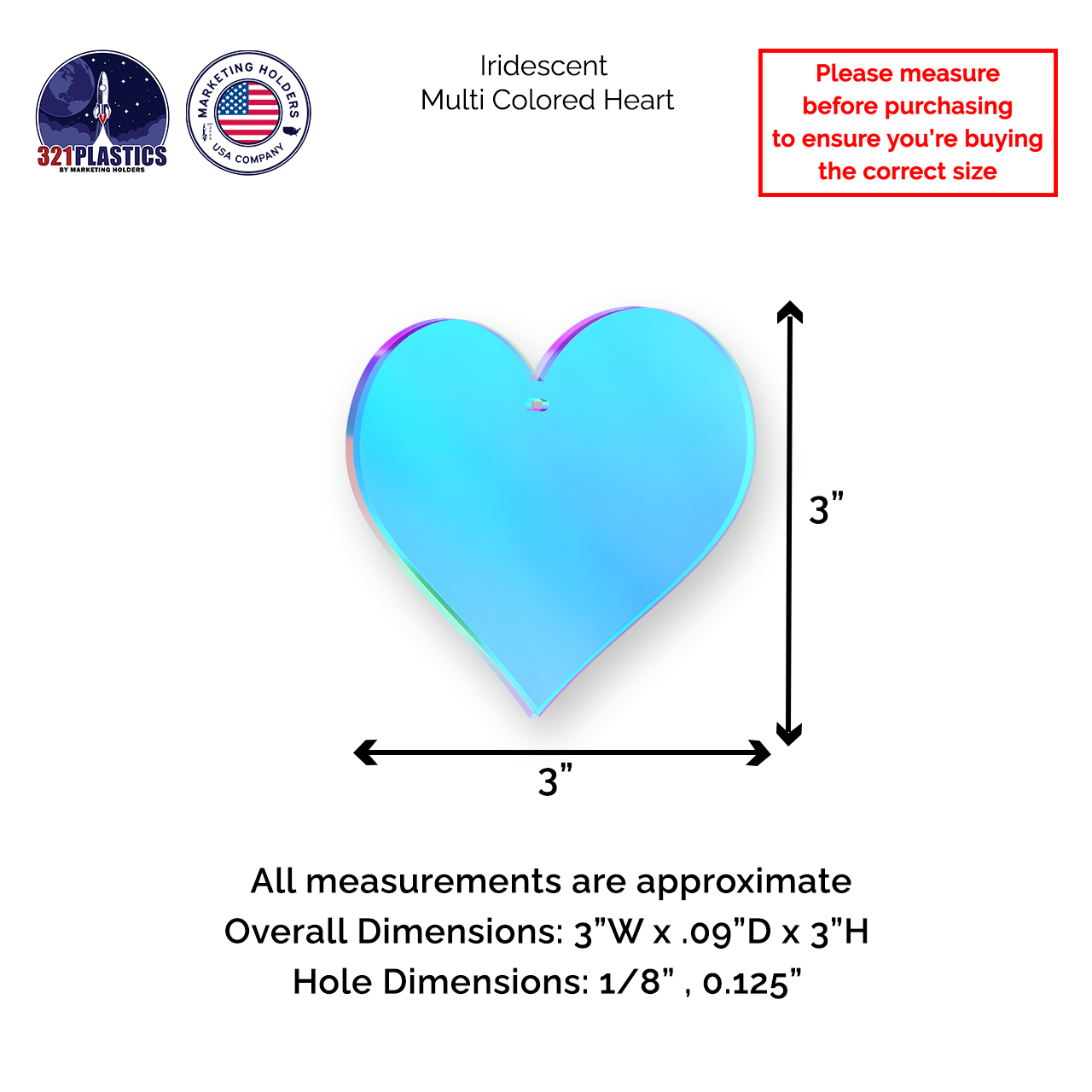 Heart Shaped Iridescent 3" Acrylic with Hole for Crafts and Party Decor