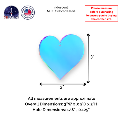 Heart Shaped Iridescent 3" Acrylic with Hole for Crafts and Party Decor