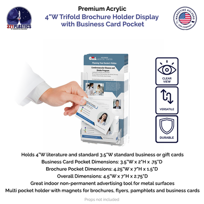 4"W Magnetic Trifold Brochure Holder with Business Card Pocket