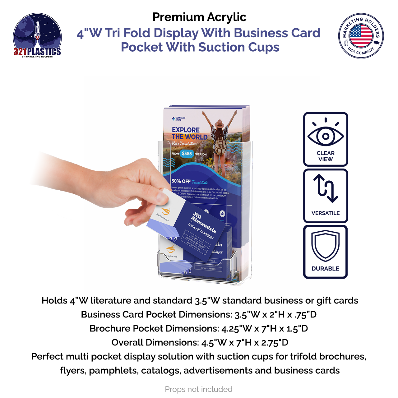 4"W Tri Fold Display With Business Card Pocket With Suction Cups