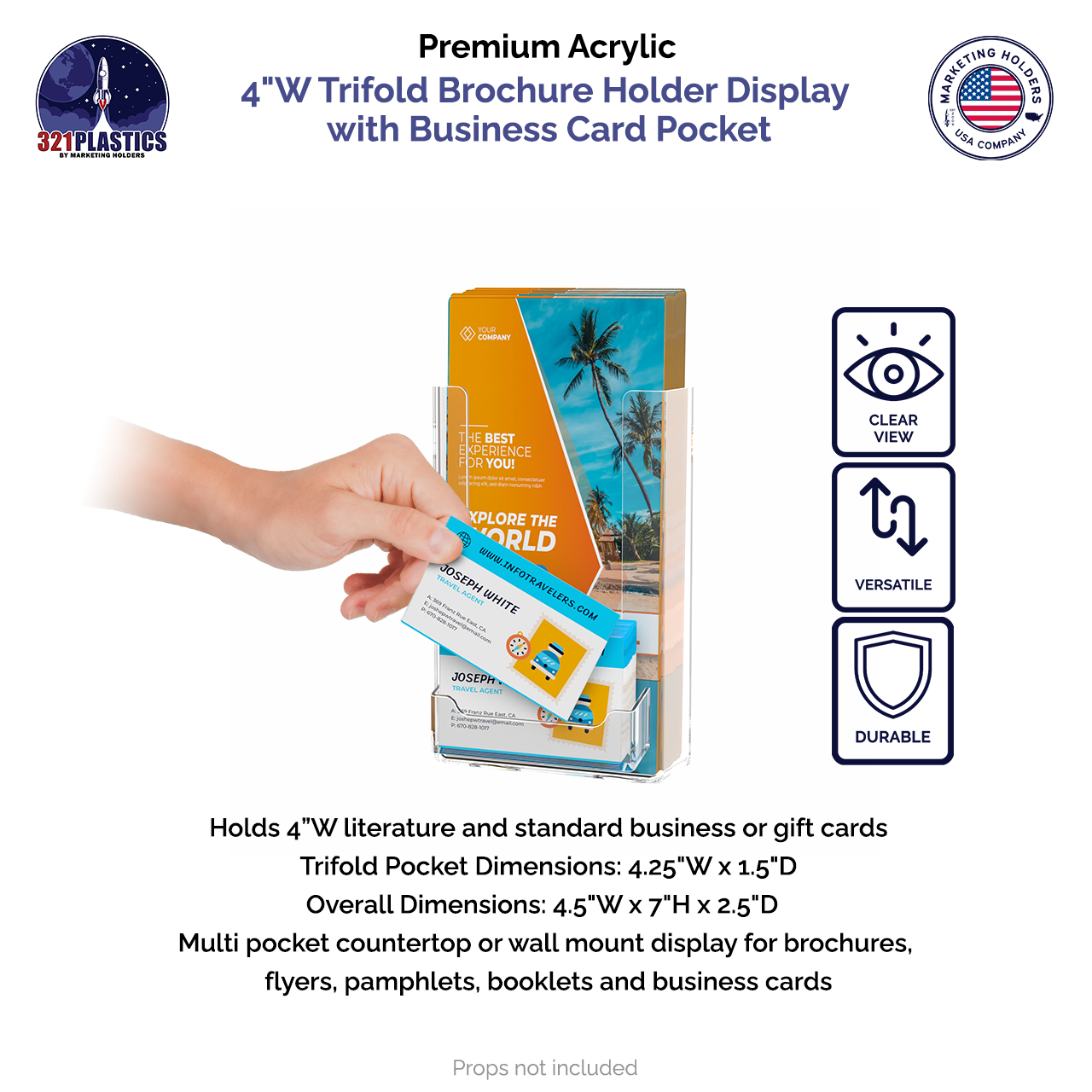 4"W Trifold Brochure Holder Display with Business Card Pocket