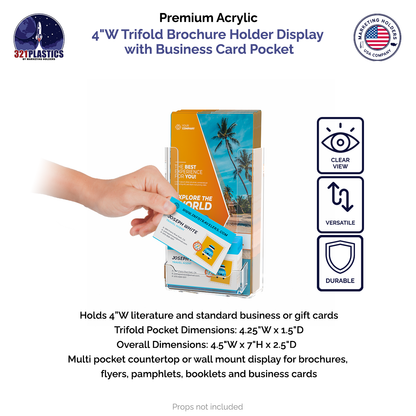 4"W Trifold Brochure Holder Display with Business Card Pocket