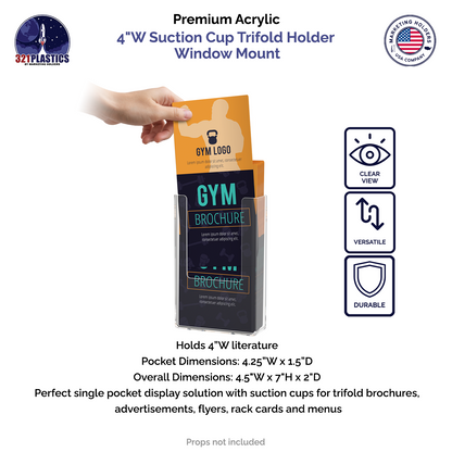 Suction Cup 4"W Trifold Brochure Holder Window Mount