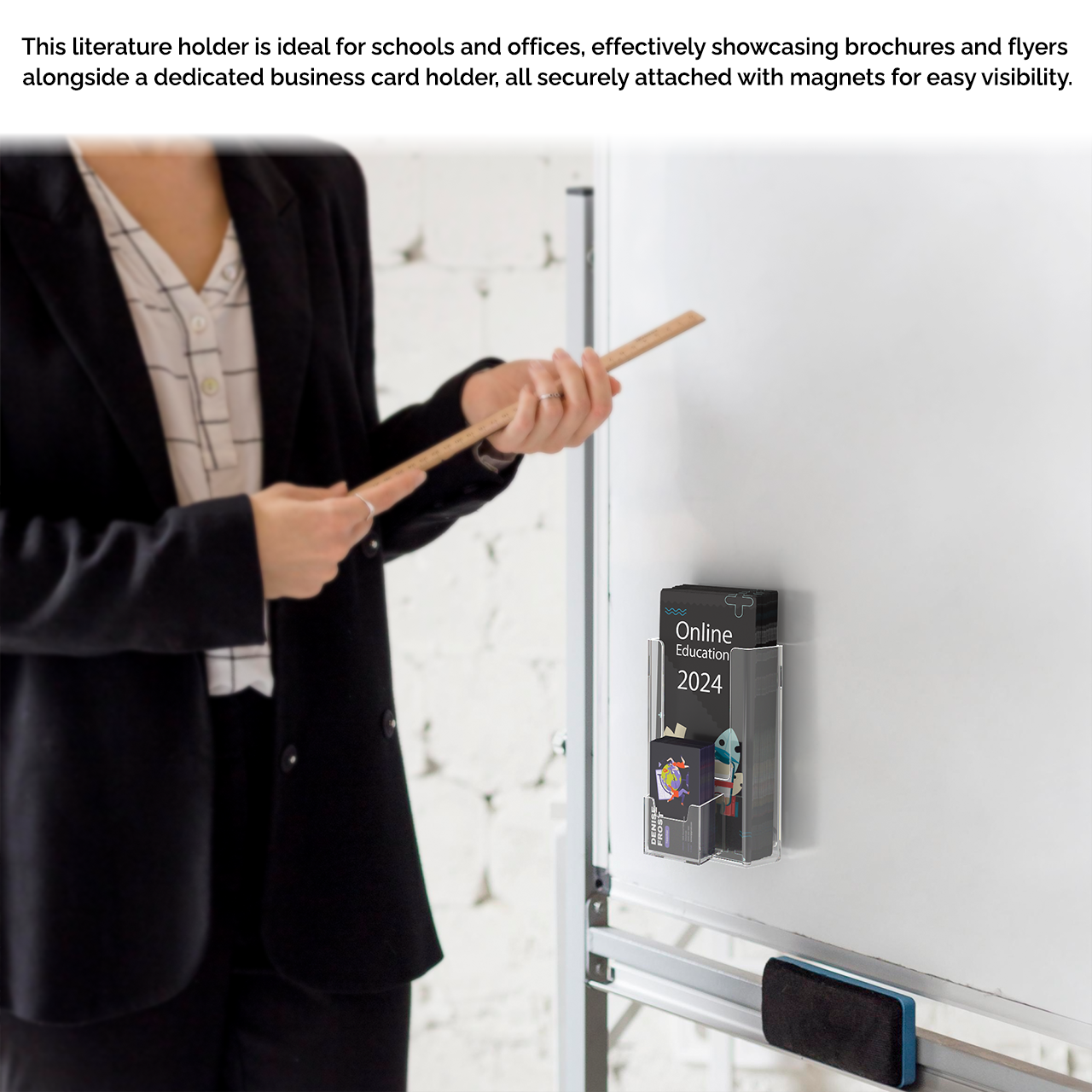 4"W Magnetic Trifold Brochure Holder with Vertical Card Pocket