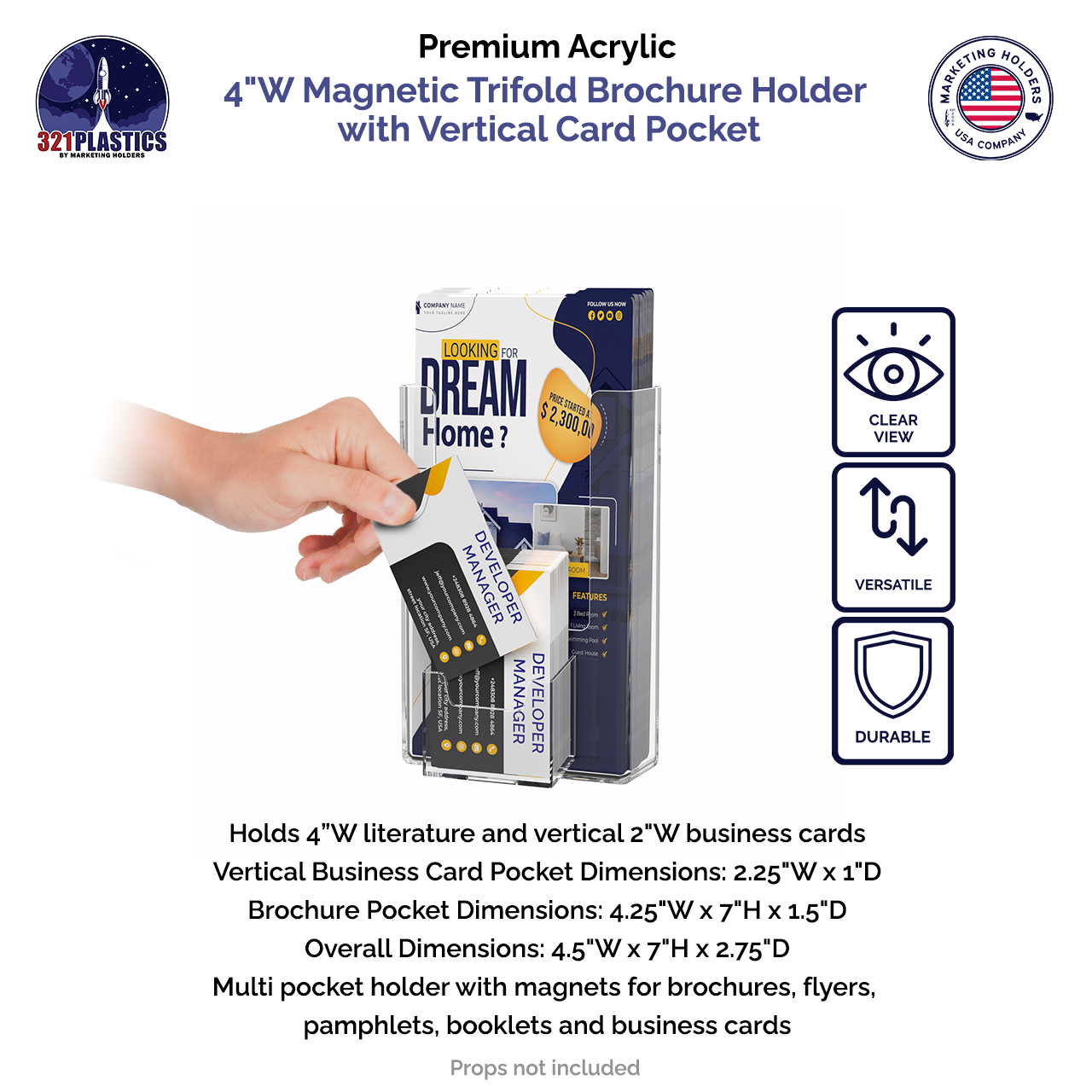 4"W Magnetic Trifold Brochure Holder with Vertical Card Pocket