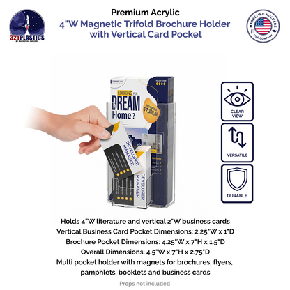 4"W Magnetic Trifold Brochure Holder with Vertical Card Pocket