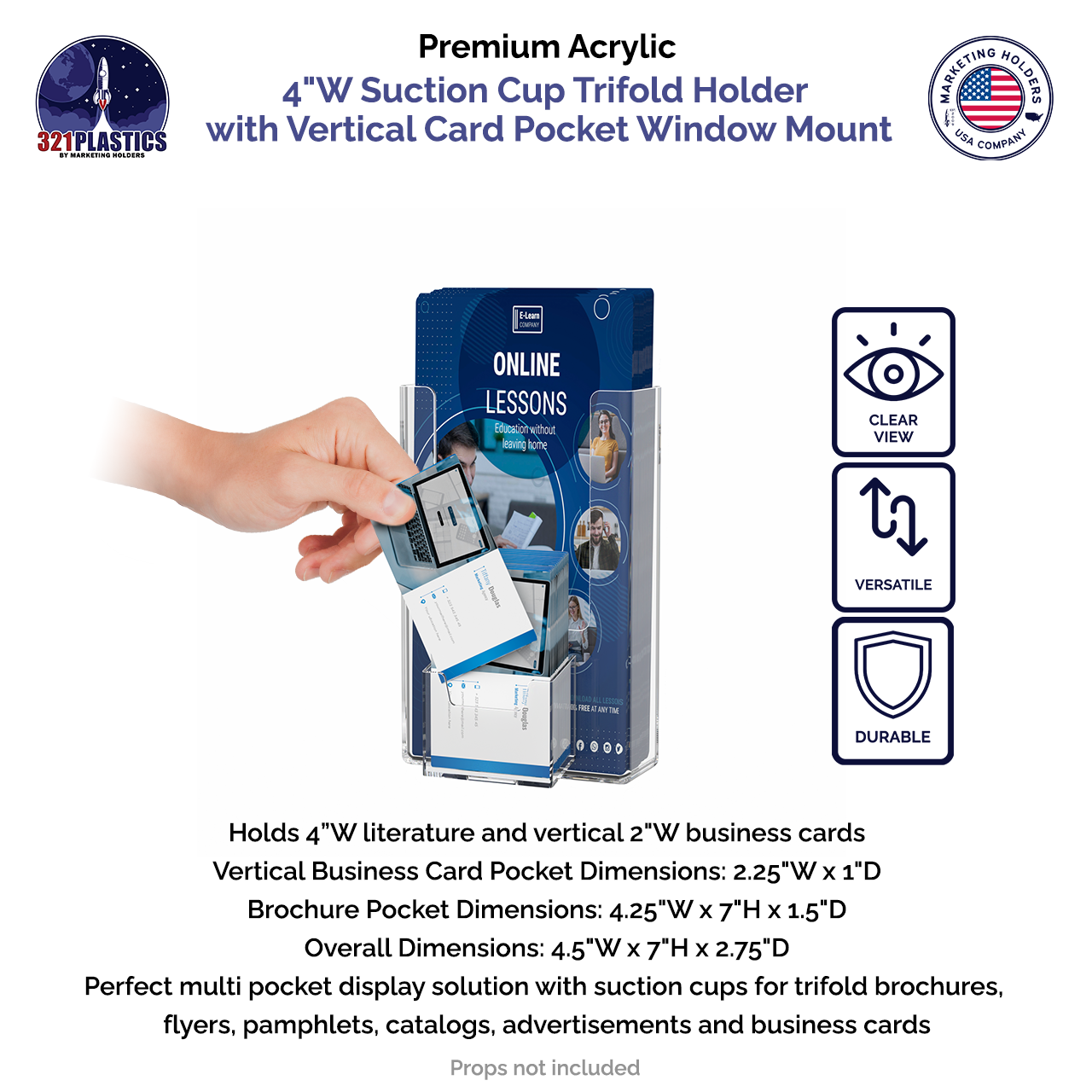 Suction Cup 4"W Trifold Holder with Vertical Card Pocket Window Mount
