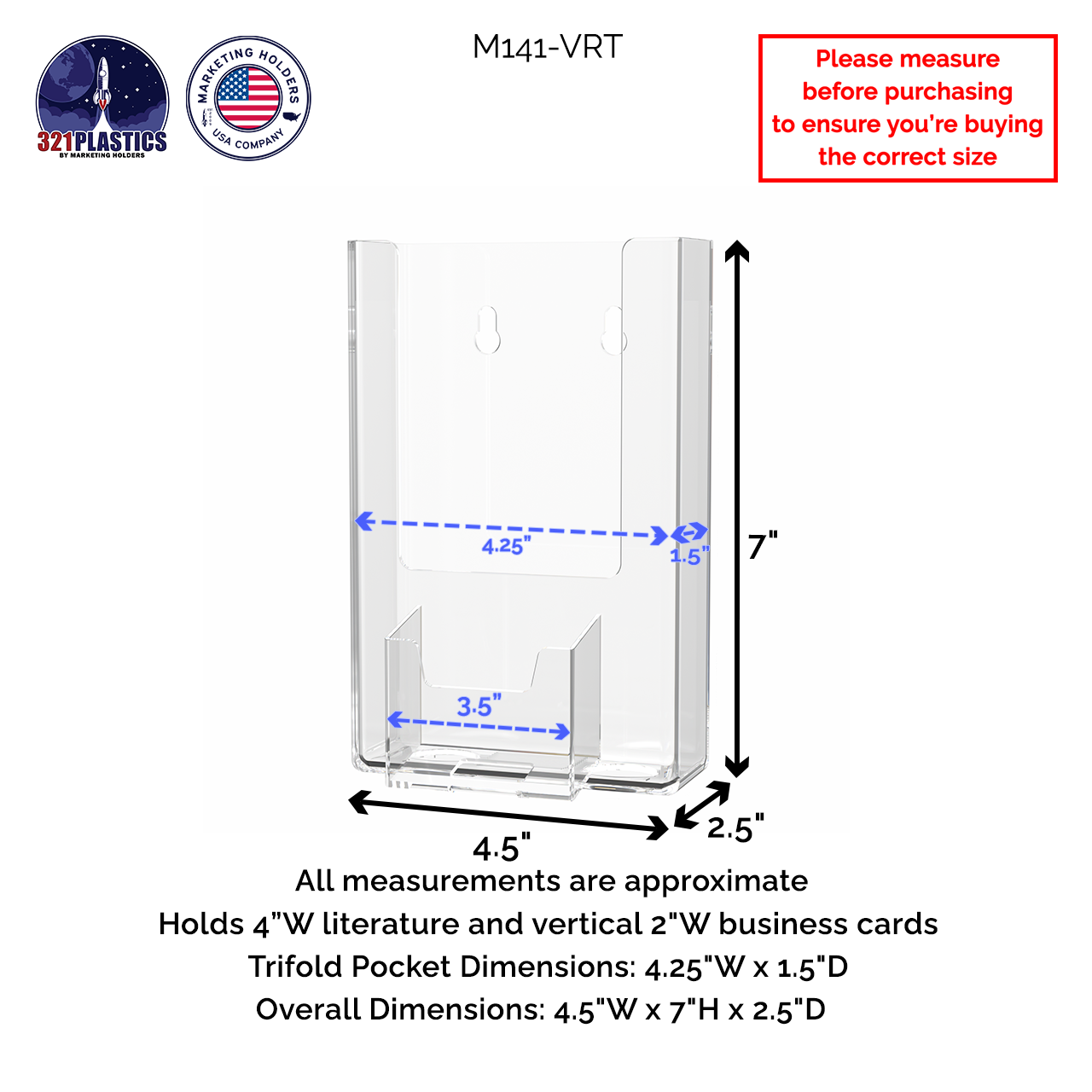 4"W Trifold Brochure Holder Display with Business Card Pocket