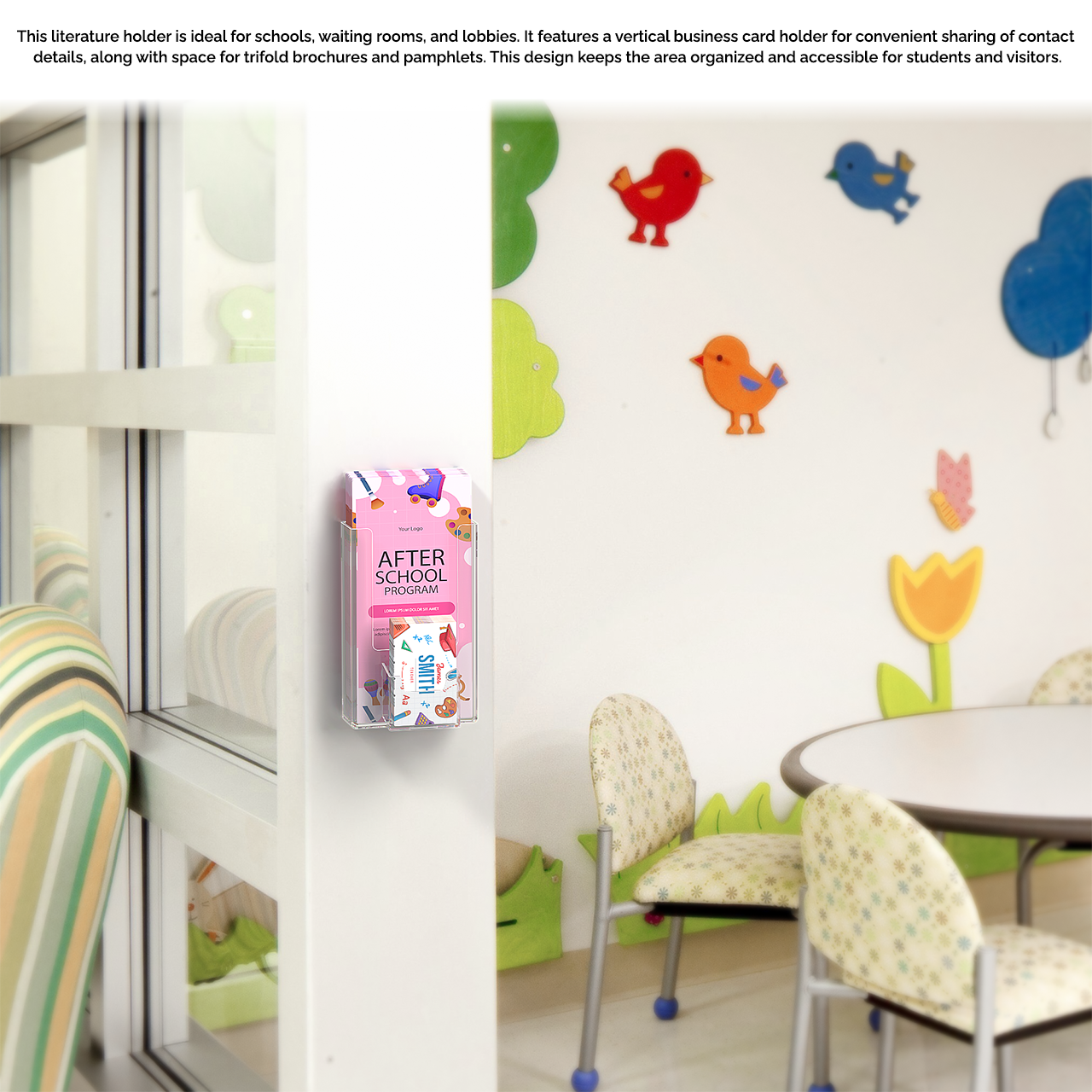 4"W Trifold Brochure Holder Display with Business Card Pocket