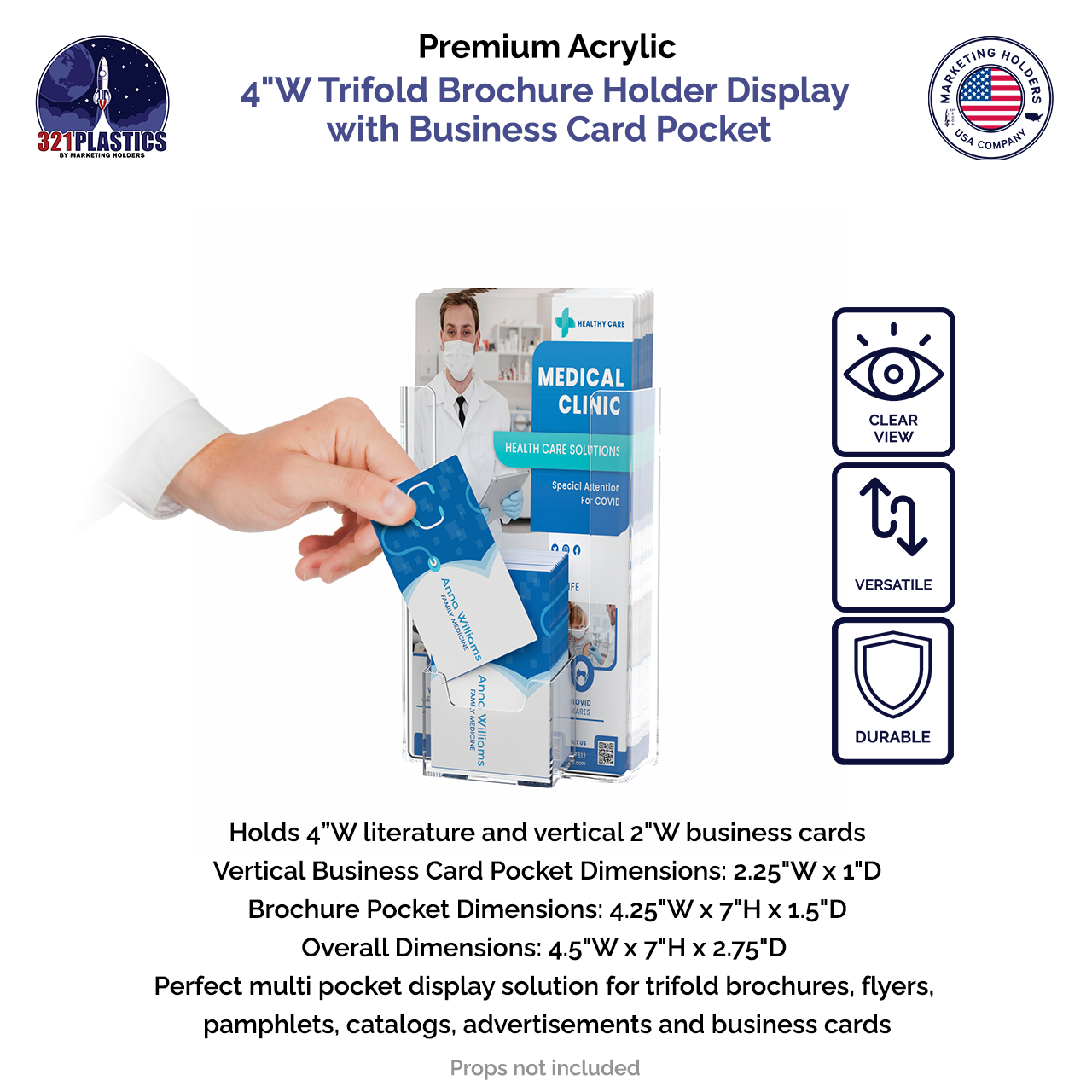 4"W Trifold Brochure Holder Display with Business Card Pocket