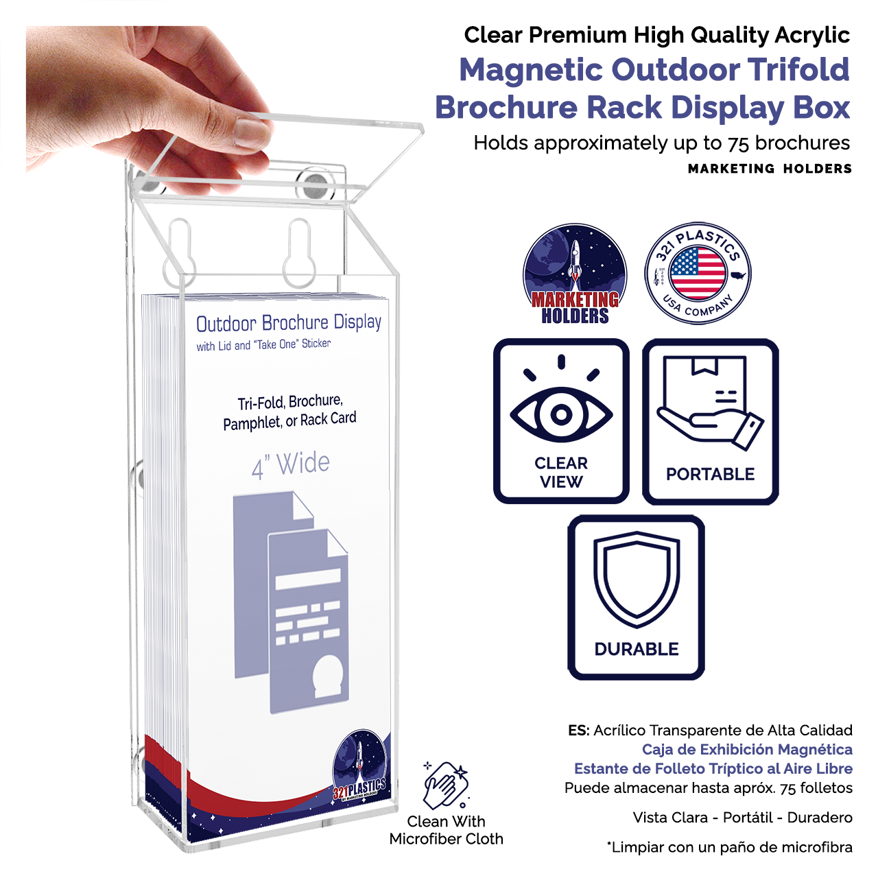 4"W x 9"H Magnetic Outdoor Brochure Holder Trifold Box with Lid