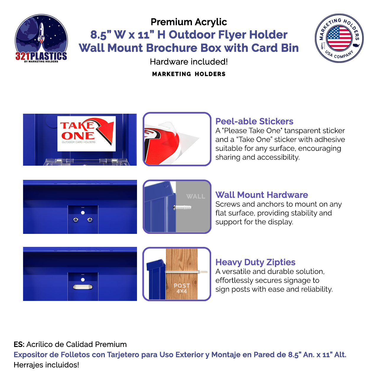 8.5"W x 11"H Outdoor Flyer Holder Wall Brochure Box with Card Bin