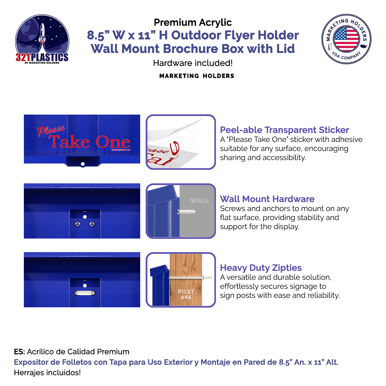 8.5"W x 11"H Outdoor Flyer Holder Wall Mount Brochure Box with Lid