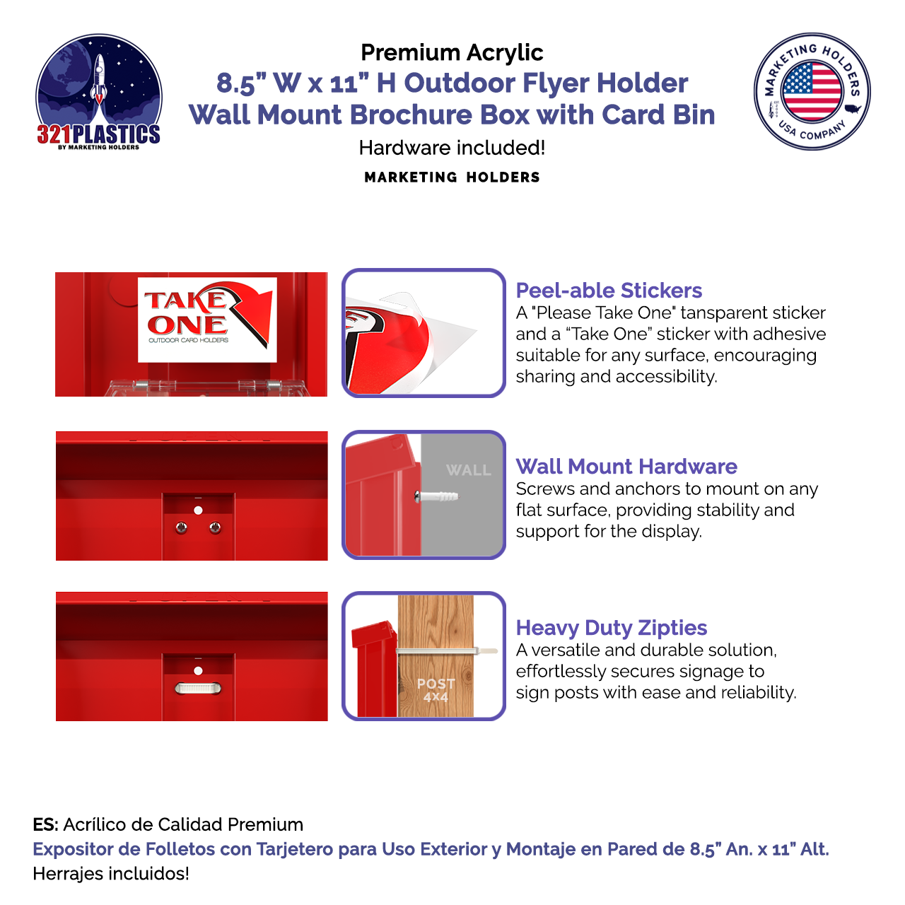 8.5"W x 11"H Outdoor Flyer Holder Wall Brochure Box with Card Bin