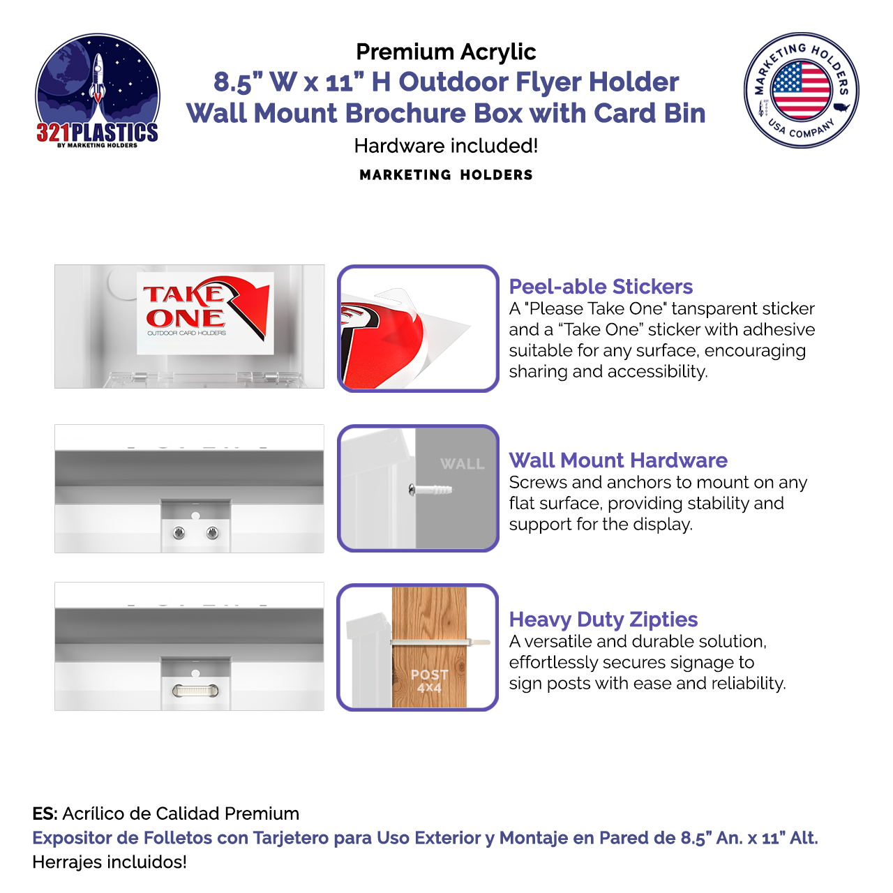 8.5"W x 11"H Outdoor Flyer Holder Wall Brochure Box with Card Bin