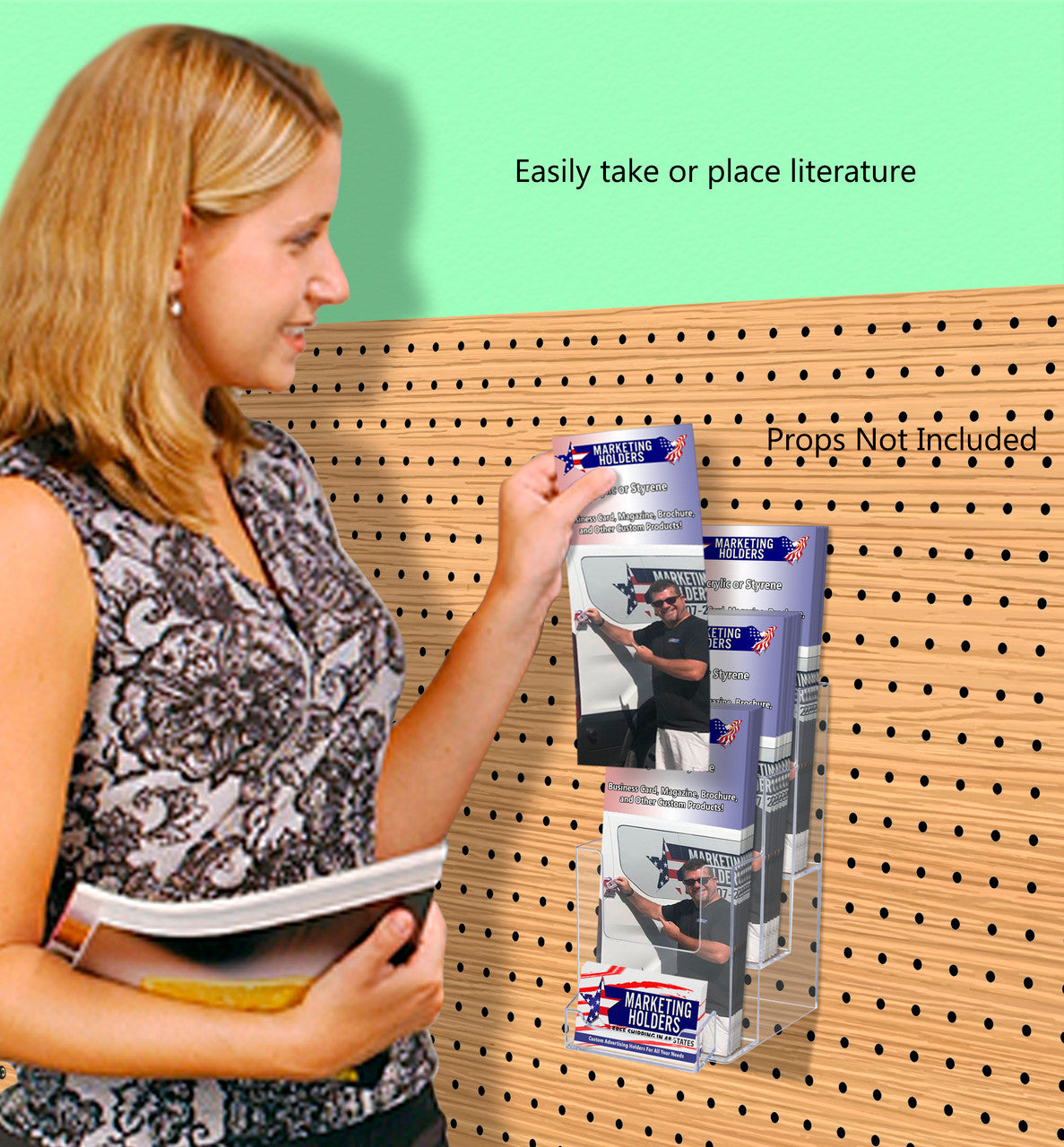 Pegboard 4"W Trifold Brochure Display Rack with Card Pocket