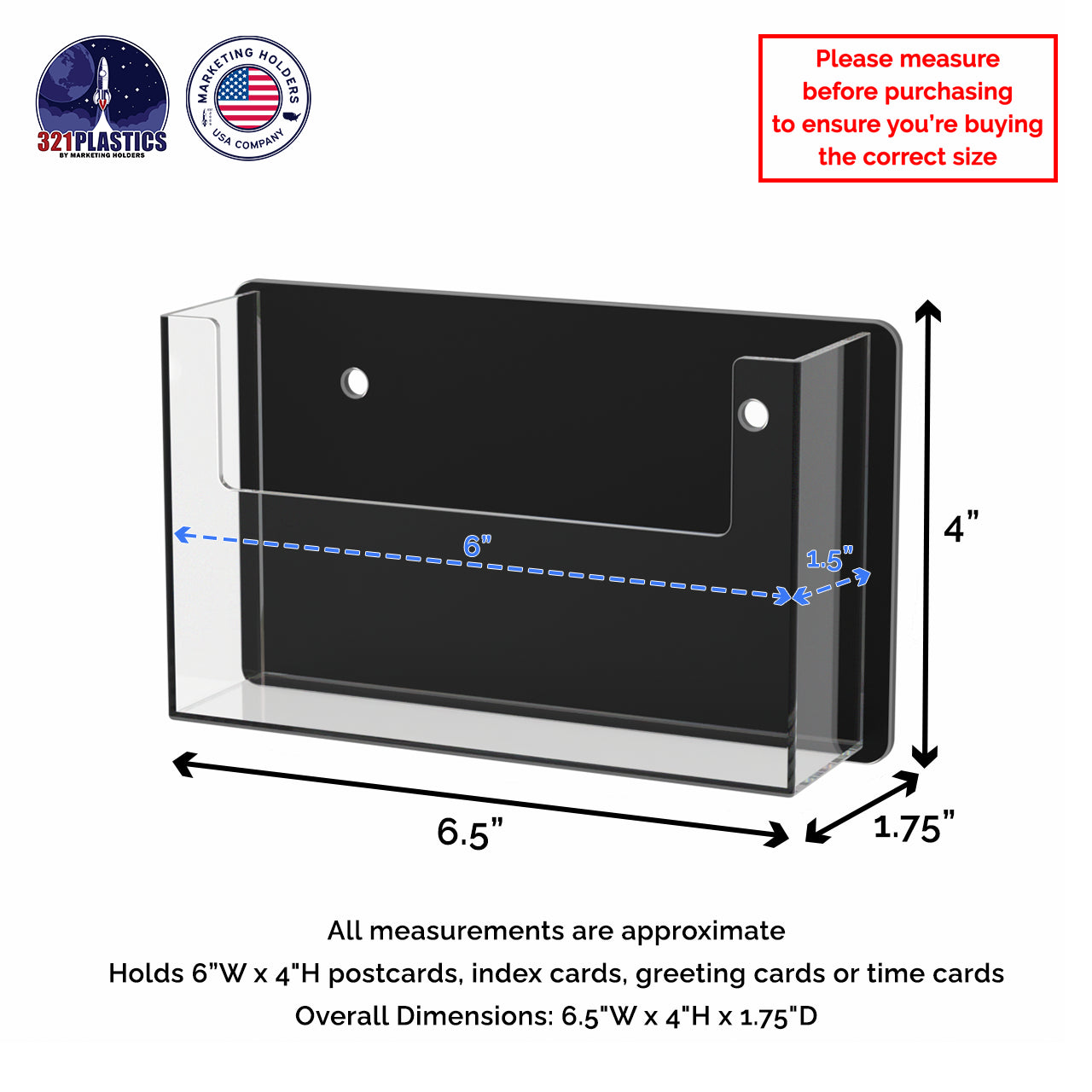 Wall Single Pocket Postcard Holder for 6"W Advertising Literature
