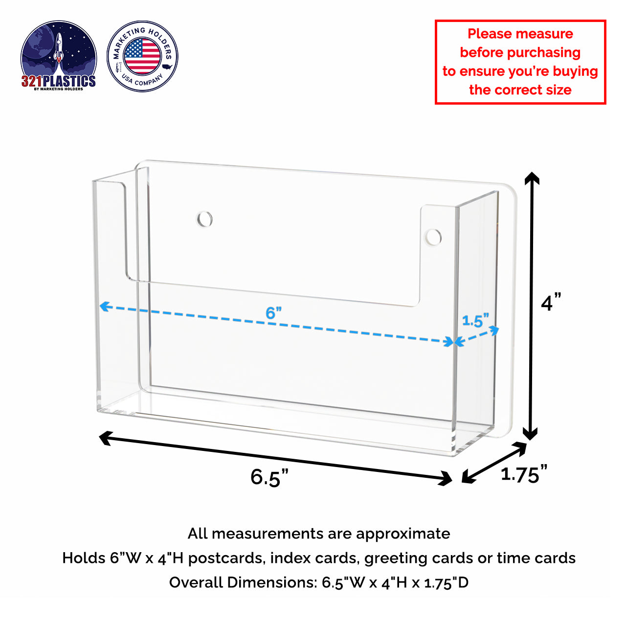 Wall Single Pocket Postcard Holder for 6"W Advertising Literature