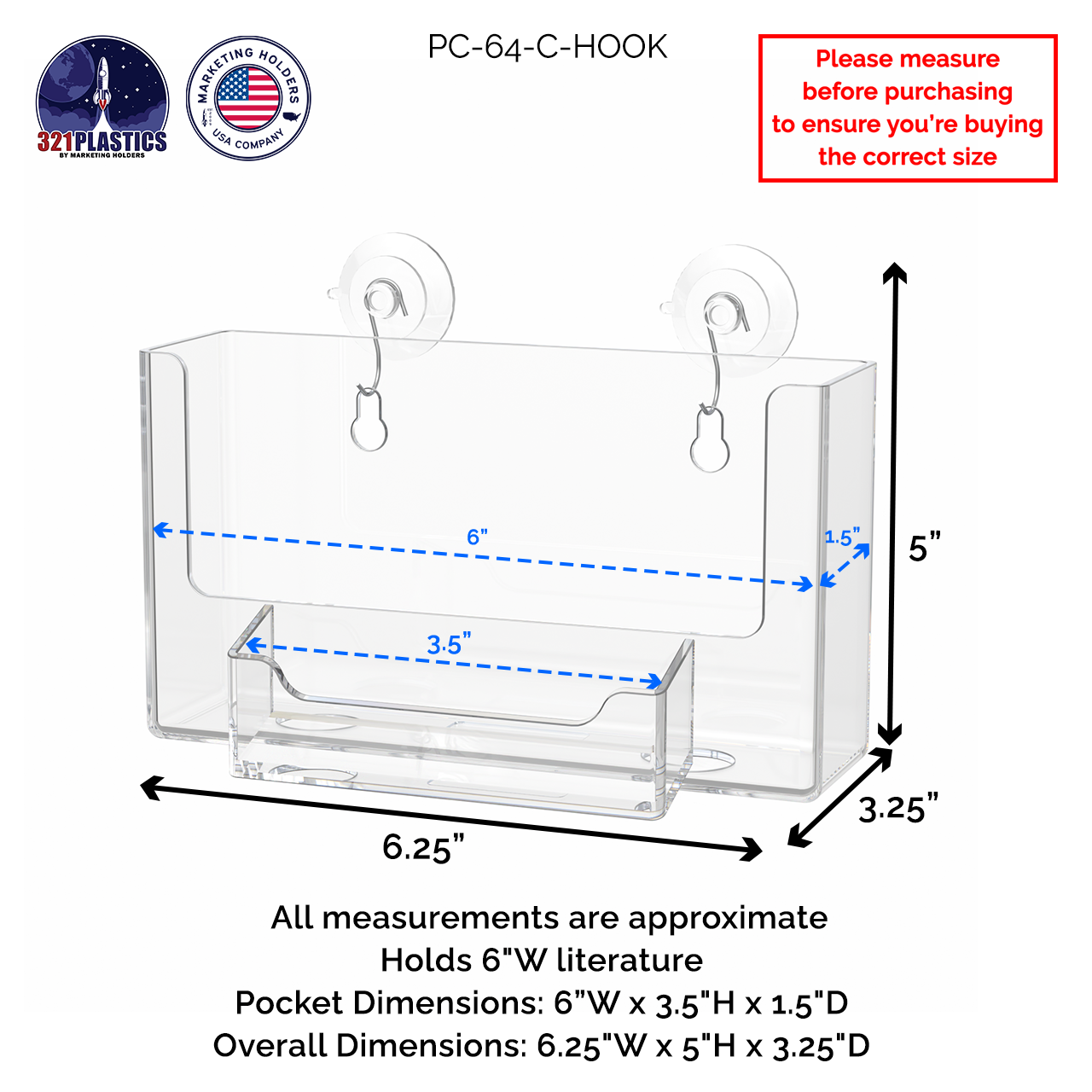 Suction Cup 6"W Postcard Holder with Card Pocket and Window Hooks